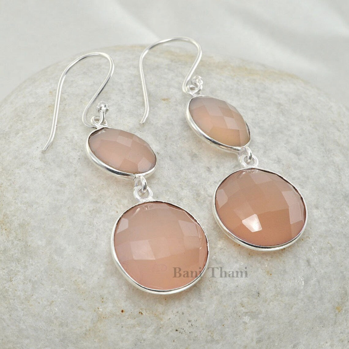 Elegant Pink Chalcedony Round Gemstone Earrings-Drop Dangle Earrings-Bridesmaid Gift Earrings-925 Sterling Silver Earrings-Christmas Gift