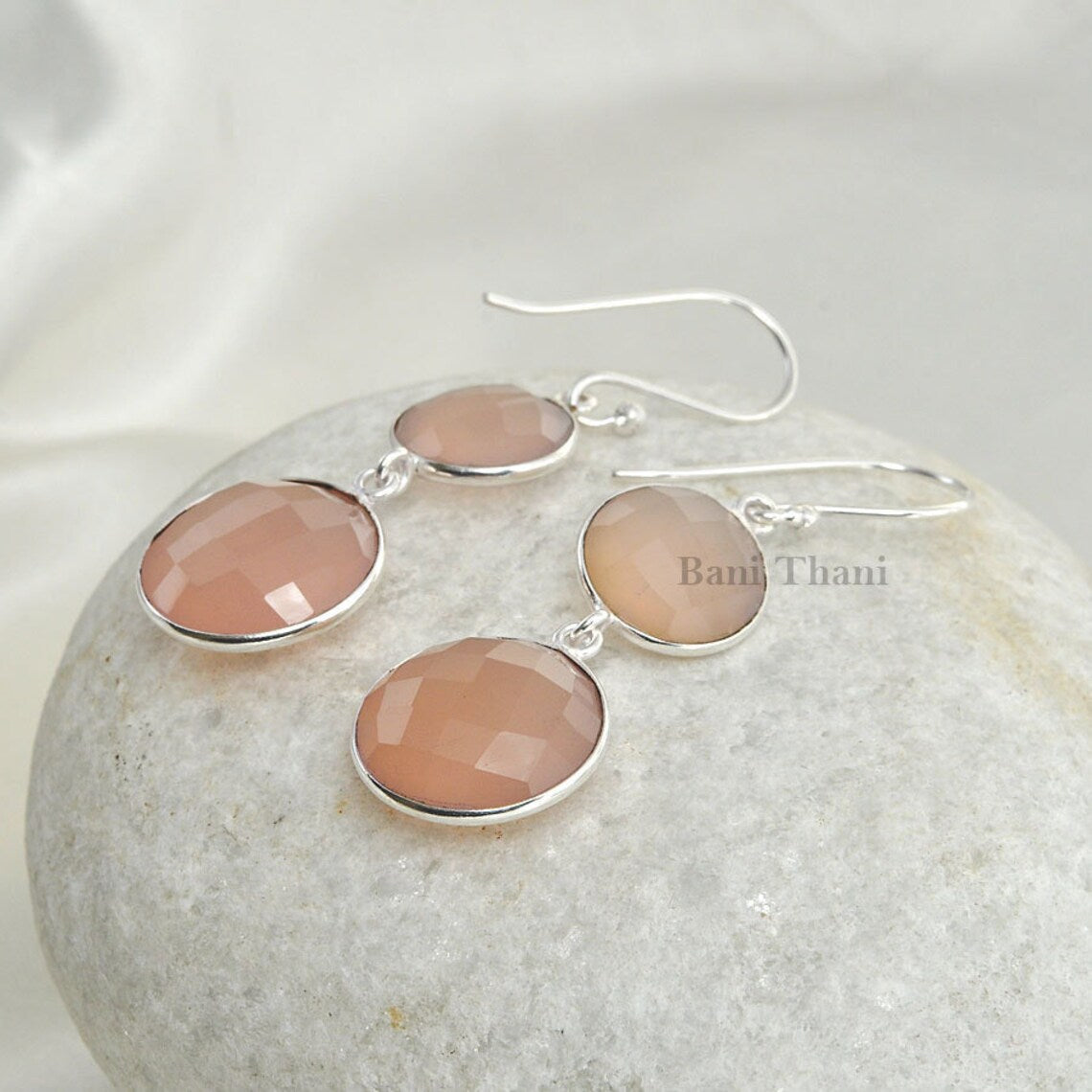 Elegant Pink Chalcedony Round Gemstone Earrings-Drop Dangle Earrings-Bridesmaid Gift Earrings-925 Sterling Silver Earrings-Christmas Gift