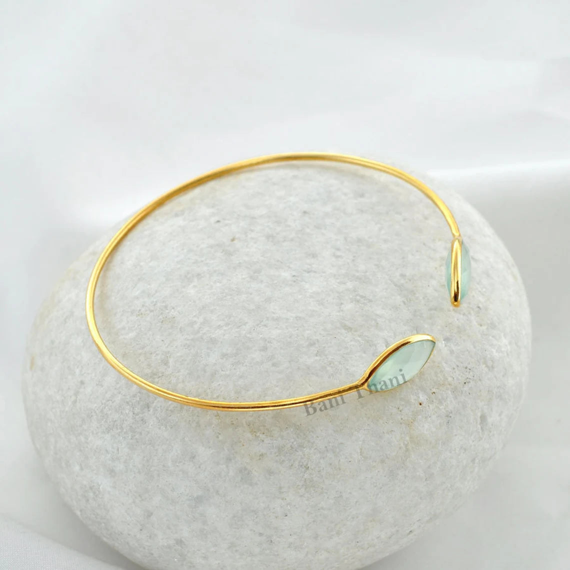 Aqua Chalcedony Faceted 7x14mm Marquise Gemstone Cuff Bracelet, Gold Plated 925 Sterling Silver Bangle, Delicate Bangle, Adjustable Bracelet