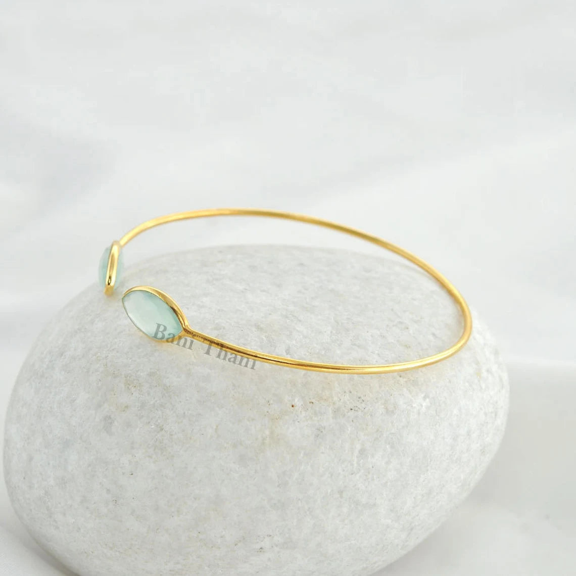 Aqua Chalcedony Faceted 7x14mm Marquise Gemstone Cuff Bracelet, Gold Plated 925 Sterling Silver Bangle, Delicate Bangle, Adjustable Bracelet