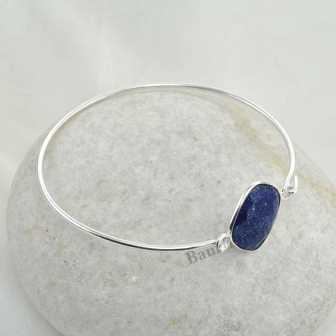 Lapis Lazuli Gemstone Bracelet - 925 Sterling Silver Bangle - Wedding Gift for Her - Diamond Cut Bangle - Birthstone Bracelet - Gift for Mom