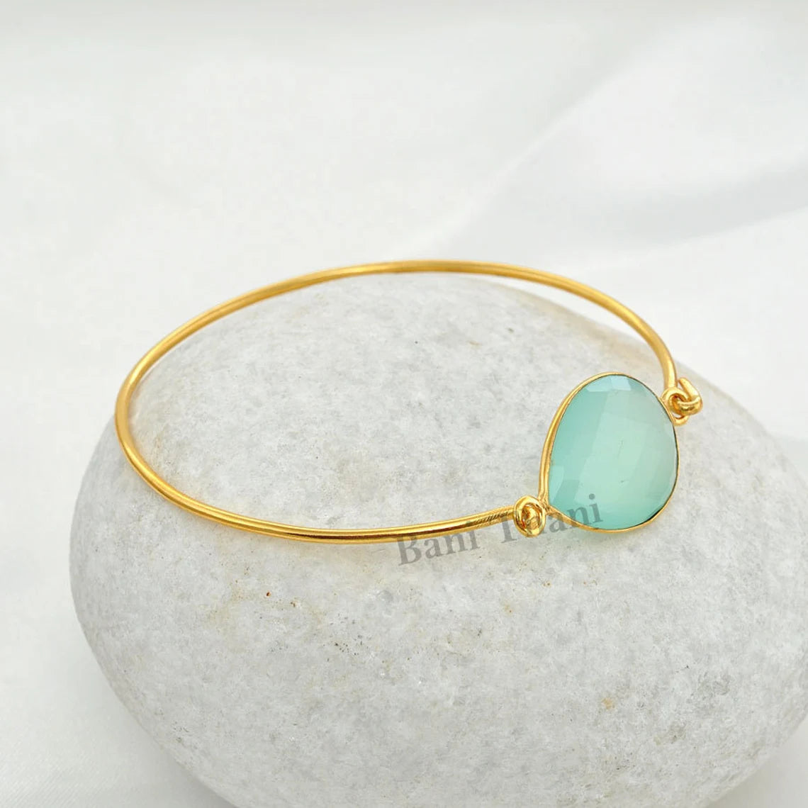 Aqua Chalcedony Pear Gemstone Bracelet - Gold Plated 925 Sterling Silver Bangle - Wedding Gift for Women - Handmade Bracelet - Gift for Her