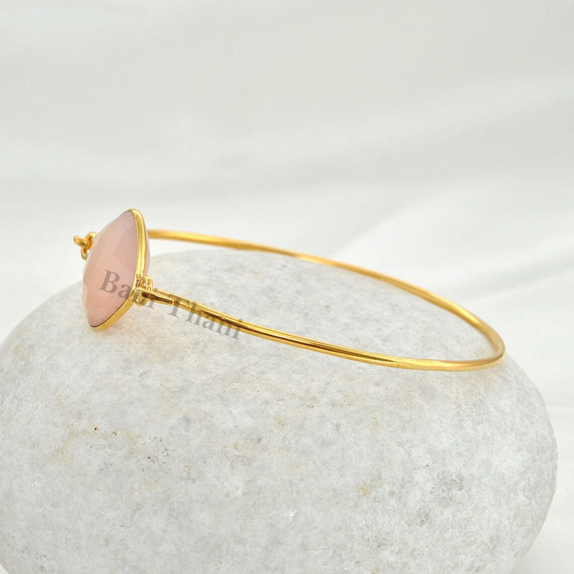 Pink Chalcedony Bangle - Solid Silver - Gold Plated Bracelet - 18mm Faceted Cushion - Statement Jewelry - Gift For Lady - Jewelry for Prom