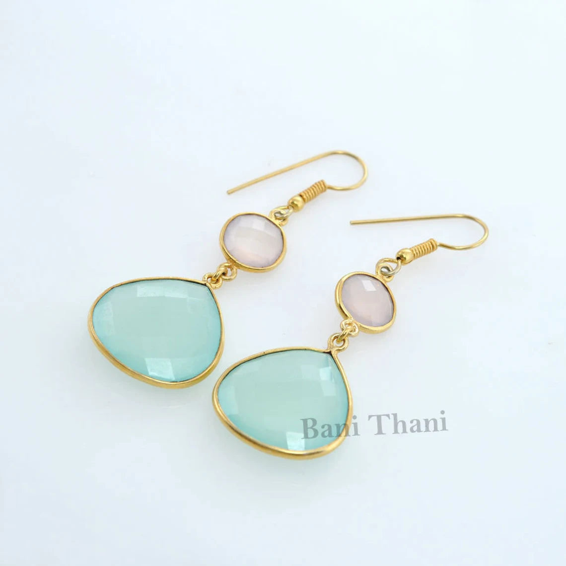 Silver Earring, Gemstone Earring, Pink Chalcedony 10mm and Aqua Chalcedony 15mm Gold Plated Sterling Silver Earring