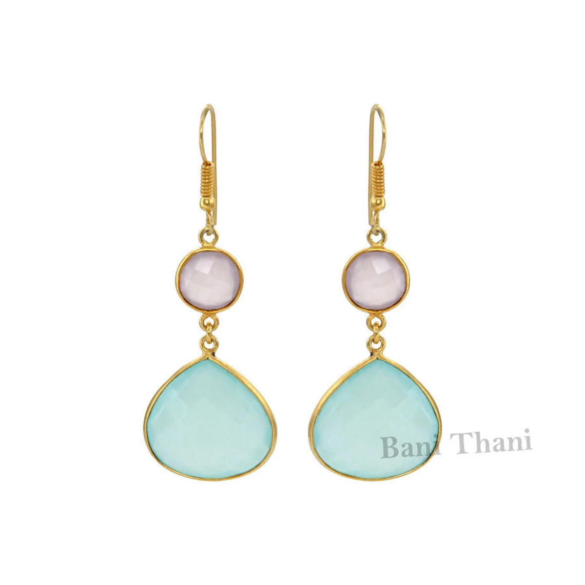 Silver Earring, Gemstone Earring, Pink Chalcedony 10mm and Aqua Chalcedony 15mm Gold Plated Sterling Silver Earring