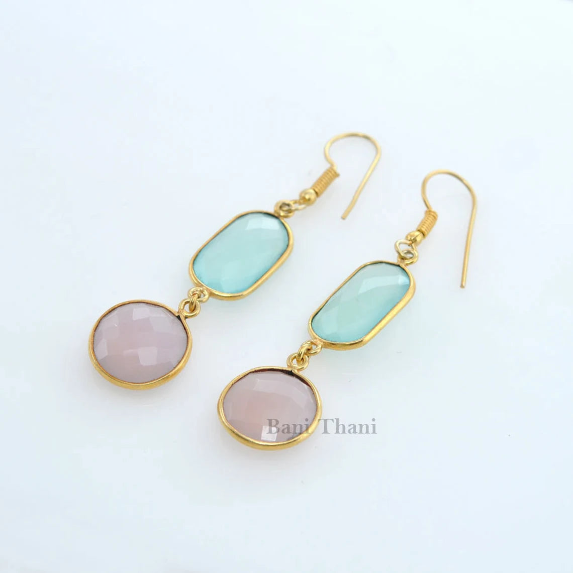 Chalcedony Round, Oval Gemstone Drop Earrings, Gold Plated 925 Sterling Silver Earrings, Vintage Earring, Anniversary Gift Earring Jewelry