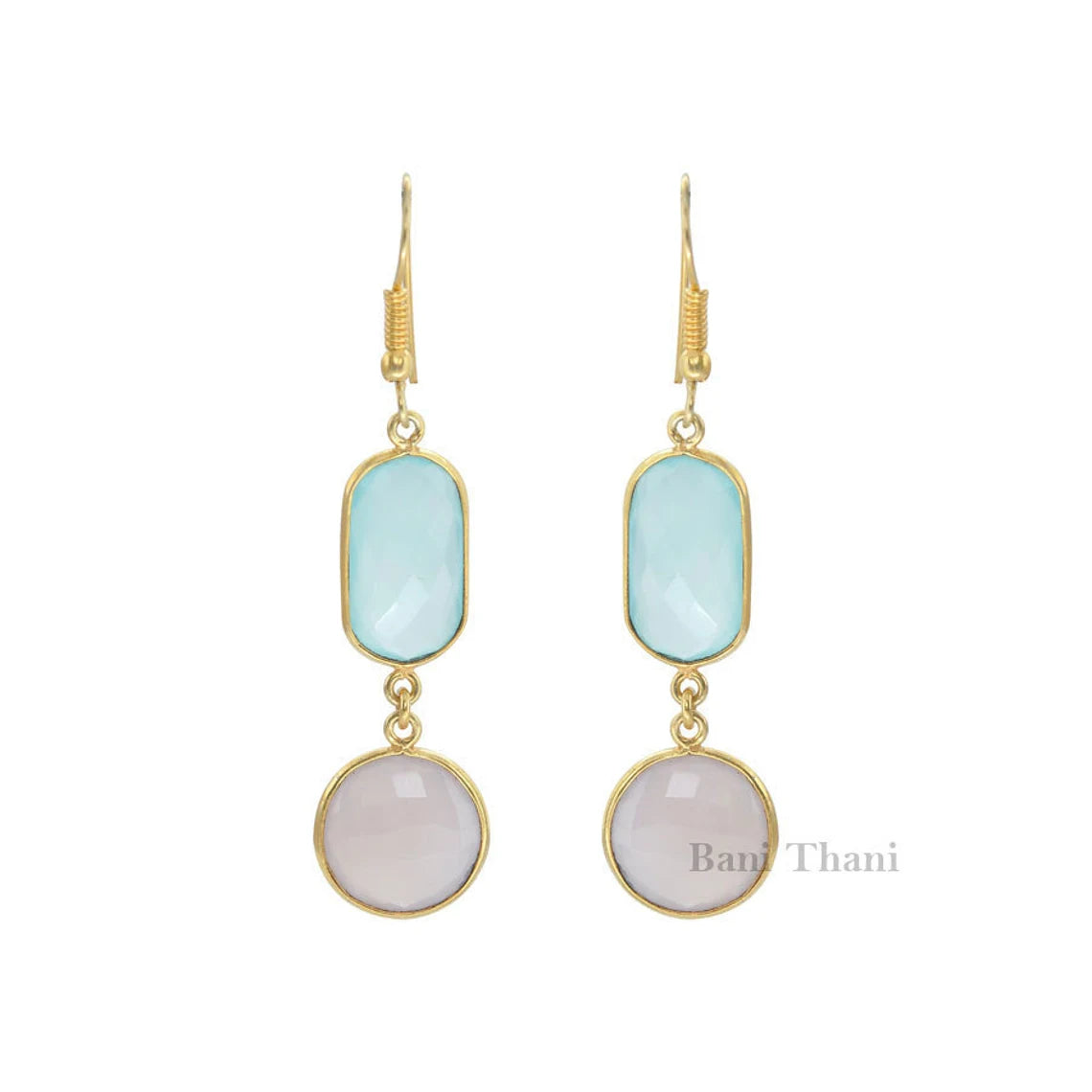 Chalcedony Round, Oval Gemstone Drop Earrings, Gold Plated 925 Sterling Silver Earrings, Vintage Earring, Anniversary Gift Earring Jewelry