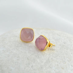 Pink Chalcedony Stud Earrings - Solid Silver Earrings - Gold Plated Studs - Artisan Jewelry - Gift For Grand Daughter - Jewelry For Everyday