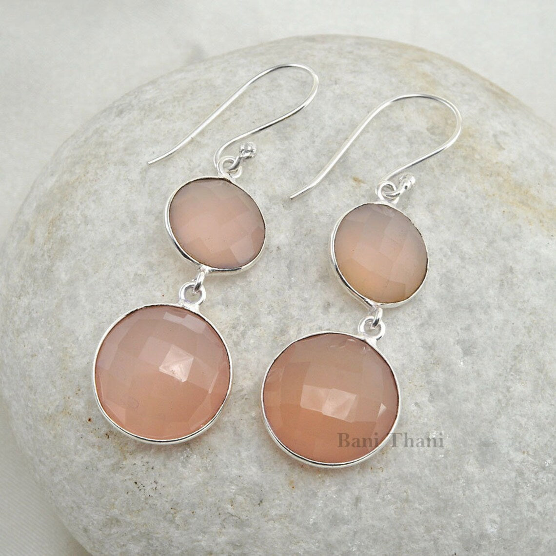 Elegant Pink Chalcedony Round Gemstone Earrings-Drop Dangle Earrings-Bridesmaid Gift Earrings-925 Sterling Silver Earrings-Christmas Gift