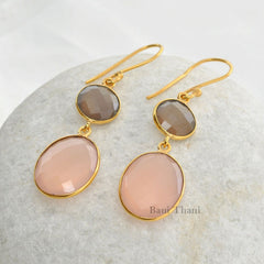 Bridal Earring, Gemstone Earring, Pink and Grey Chalcedony Faceted Micron Gold Plated 925 Sterling Silver Dangle Bezel Earring