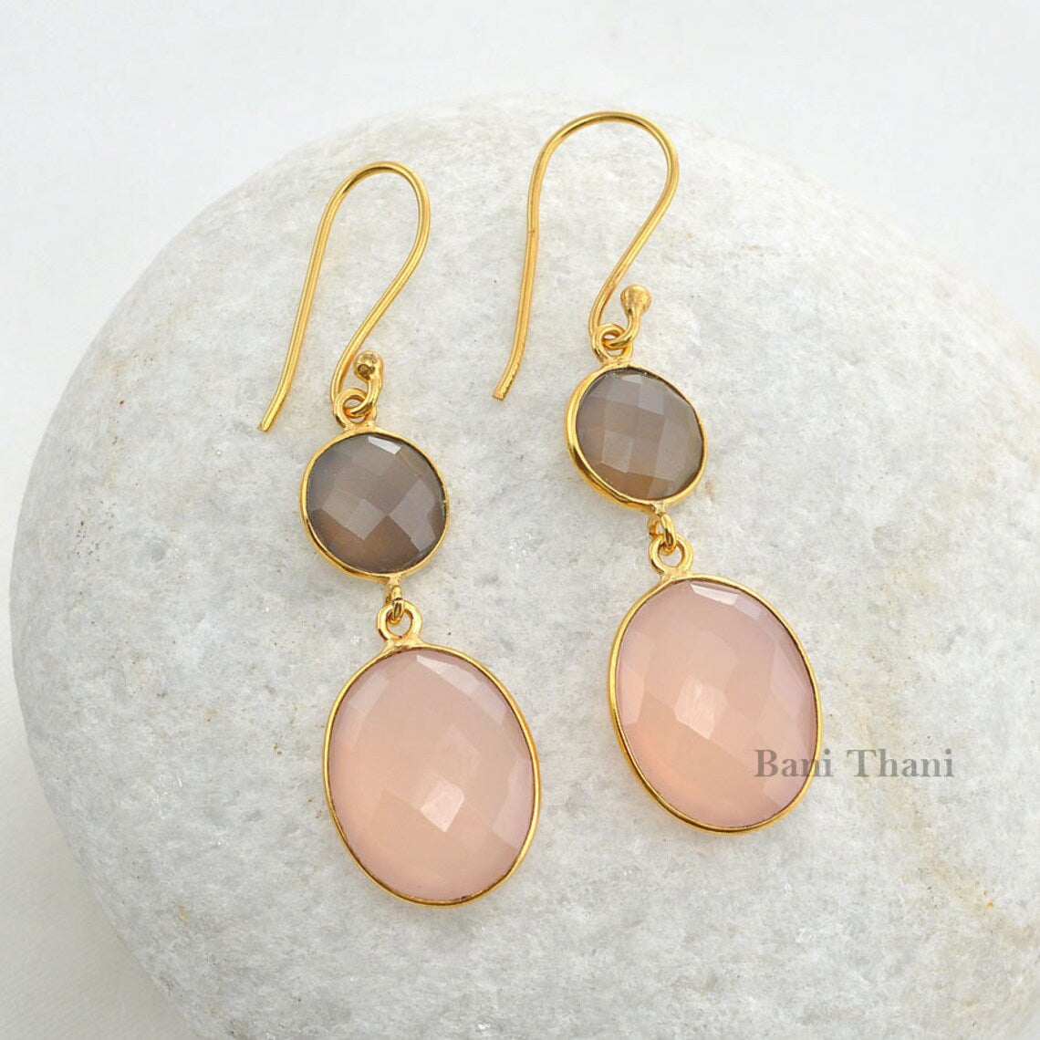 Bridal Earring, Gemstone Earring, Pink and Grey Chalcedony Faceted Micron Gold Plated 925 Sterling Silver Dangle Bezel Earring