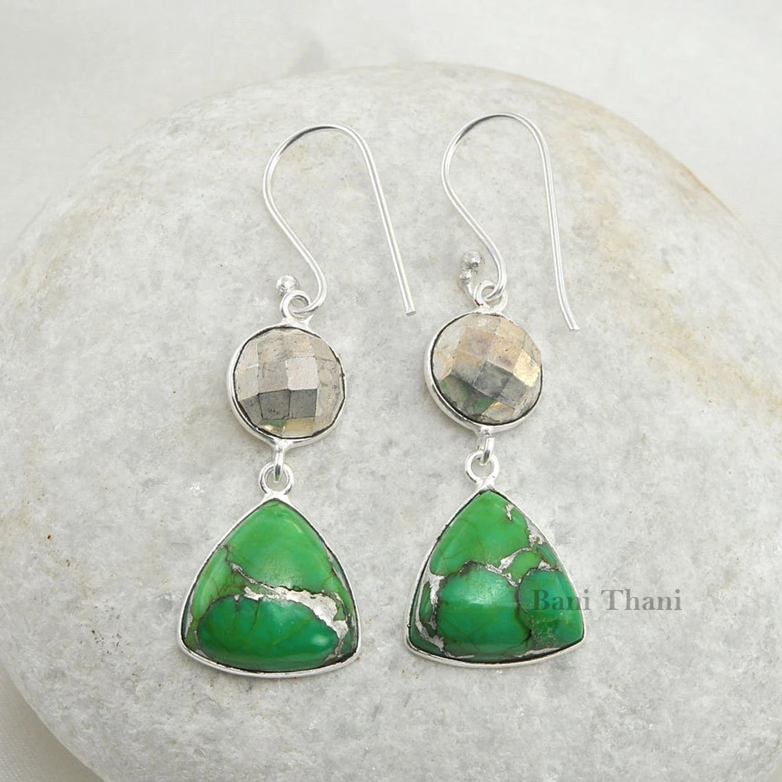 Amazing High Quality Pyrite and Silver Green Turquoise Gemstone Earrings, 925 Sterling Silver Dangle Earrings, Bezel Earrings, Hook Earrings