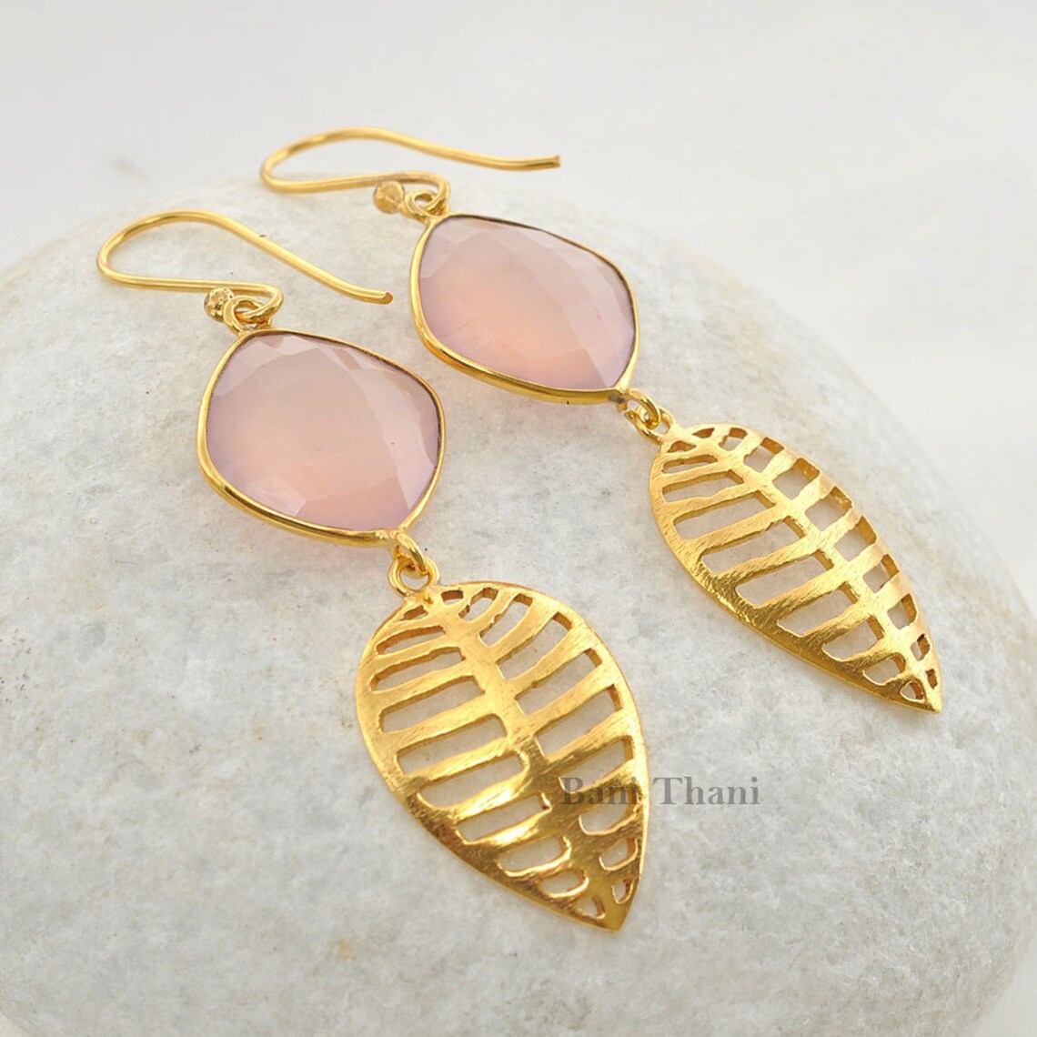 Pink Chalcedony Drop Earrings - Gold Plated 925 Sterling Silver Earrings - Drop Dangle Gemstone Earrings - Birthstone Jewelry - Gift for Her