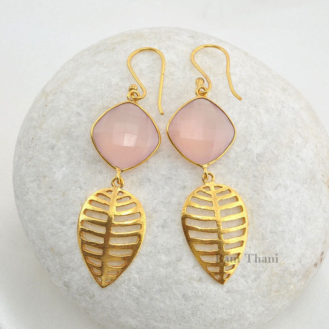 Pink Chalcedony Drop Earrings - Gold Plated 925 Sterling Silver Earrings - Drop Dangle Gemstone Earrings - Birthstone Jewelry - Gift for Her