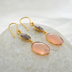 Bridal Earring, Gemstone Earring, Pink and Grey Chalcedony Faceted Micron Gold Plated 925 Sterling Silver Dangle Bezel Earring