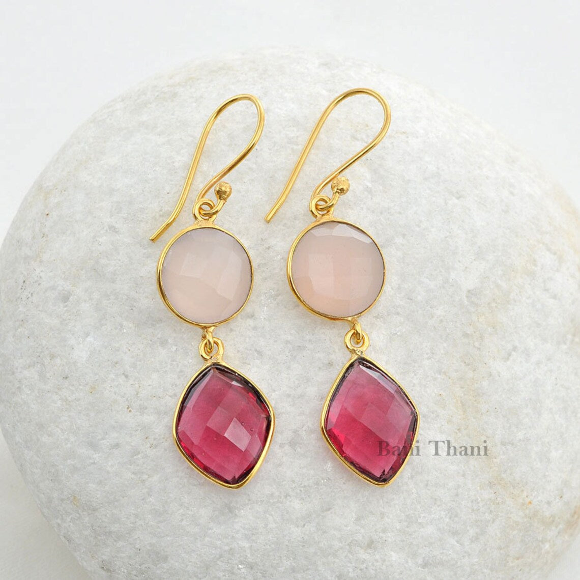 Pink Chalcedony 12mm and Pink Tourmaline 12x16mm Quartz Earrings-Drop Dangle Earrings-Christmas Gift Earrings-Micron Gold Plated Earrings