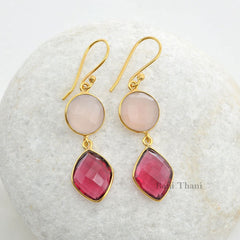 Pink Chalcedony 12mm and Pink Tourmaline 12x16mm Quartz Earrings-Drop Dangle Earrings-Christmas Gift Earrings-Micron Gold Plated Earrings