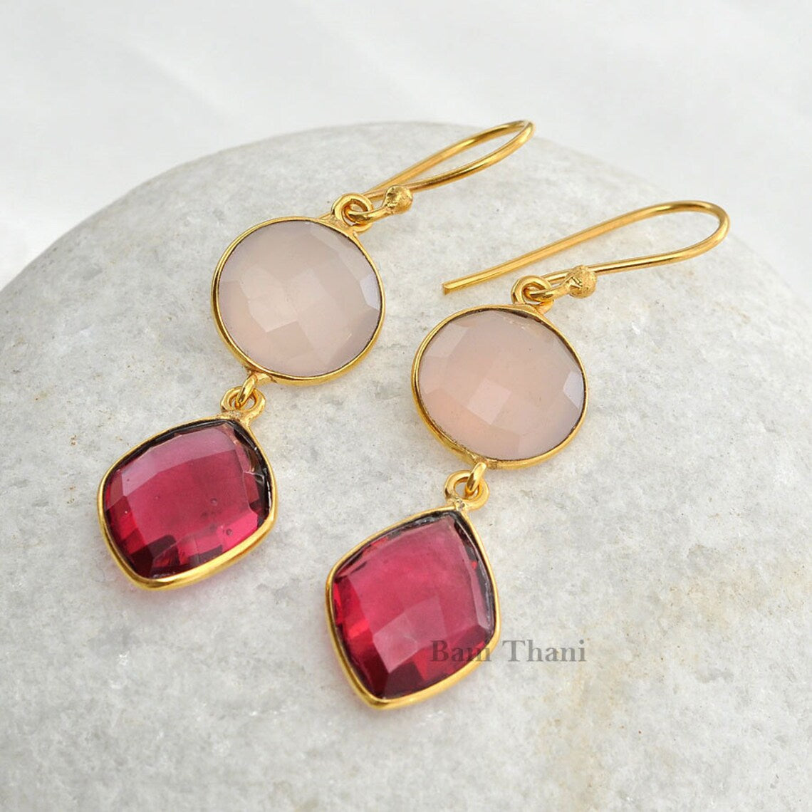 Pink Chalcedony 12mm and Pink Tourmaline 12x16mm Quartz Earrings-Drop Dangle Earrings-Christmas Gift Earrings-Micron Gold Plated Earrings