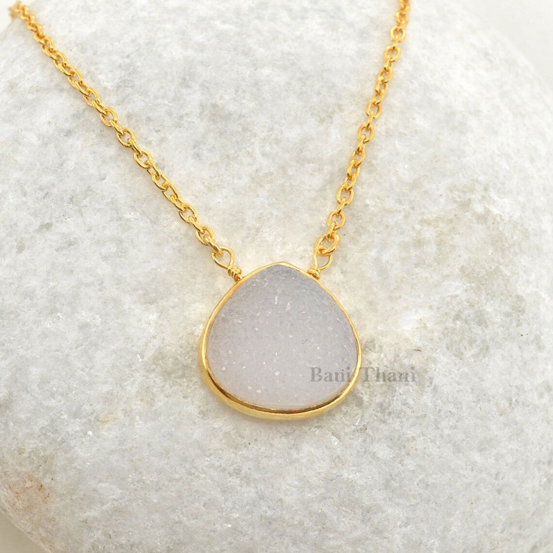 White Druzy Heart Gemstone Necklace Gold Plated Necklace 925 Sterling Silver Necklace, Bridal Necklace 15mm