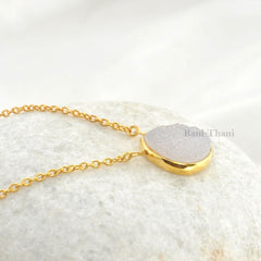 White Druzy Heart Gemstone Necklace Gold Plated Necklace 925 Sterling Silver Necklace, Bridal Necklace 15mm