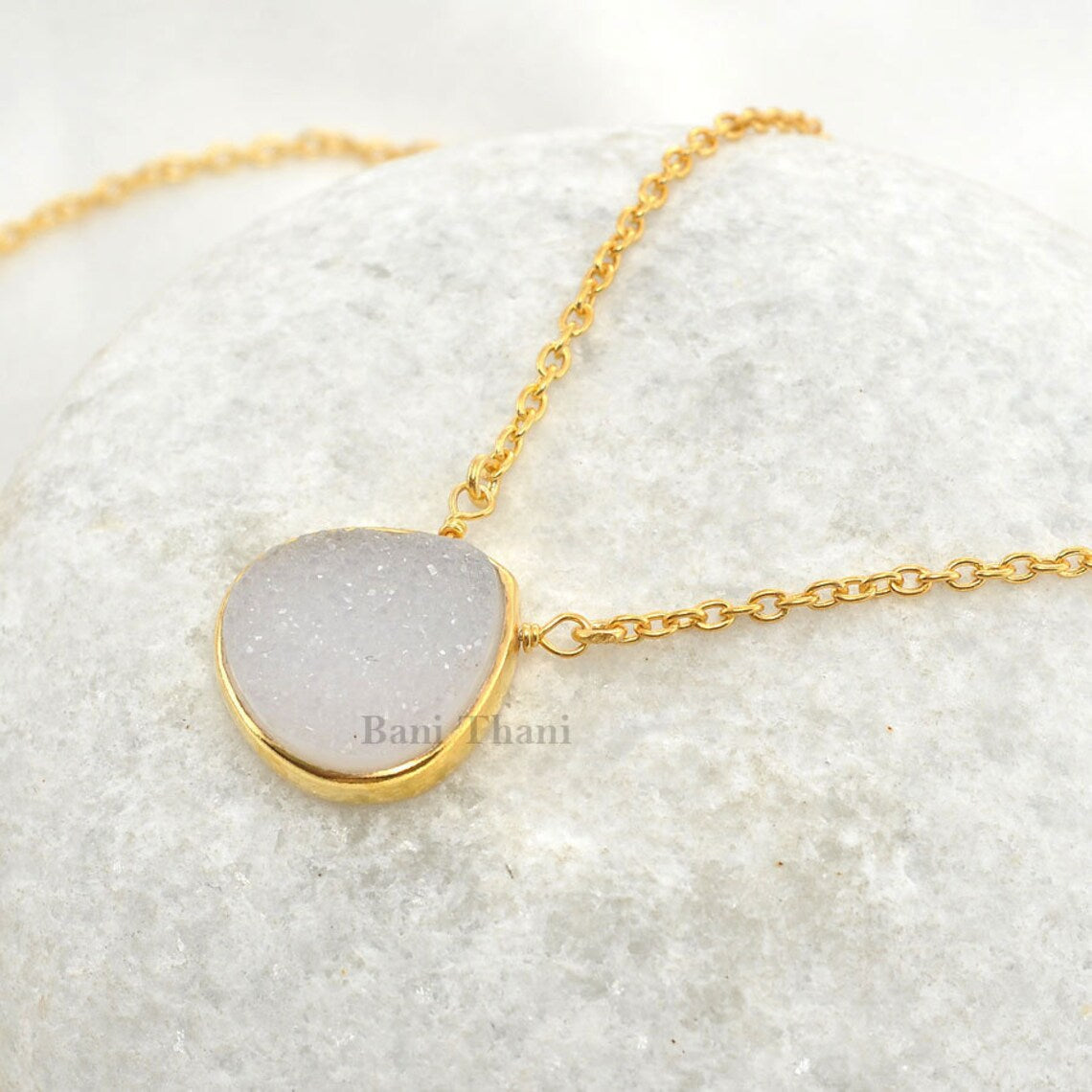 White Druzy Heart Gemstone Necklace Gold Plated Necklace 925 Sterling Silver Necklace, Bridal Necklace 15mm