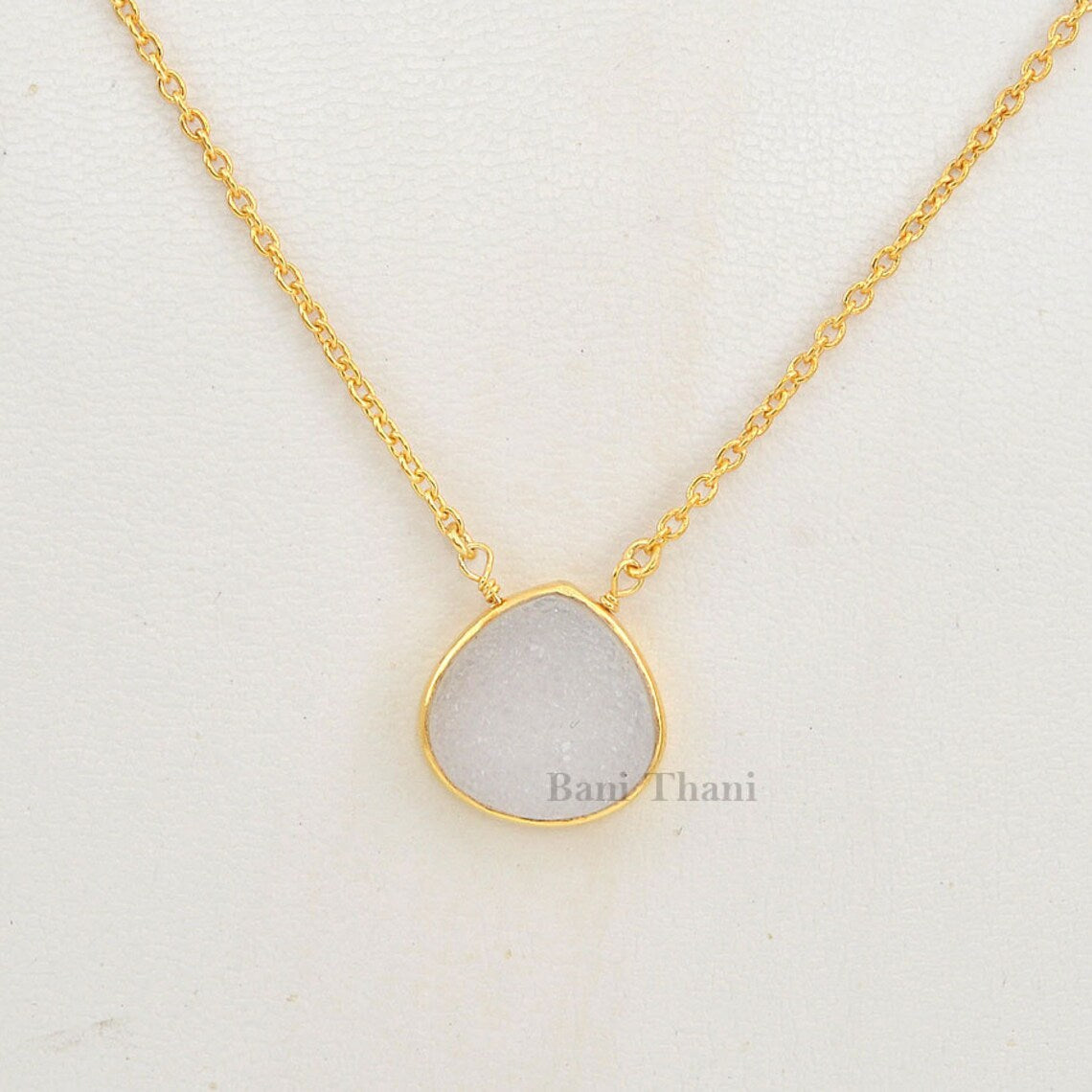 White Druzy Heart Gemstone Necklace Gold Plated Necklace 925 Sterling Silver Necklace, Bridal Necklace 15mm