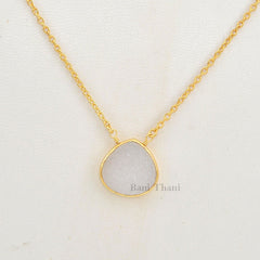 White Druzy Heart Gemstone Necklace Gold Plated Necklace 925 Sterling Silver Necklace, Bridal Necklace 15mm