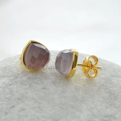 Beautiful Pink Chalcedony Faceted Heart 9mm Micron Gold Plated 925 Sterling Silver Stud Earrings