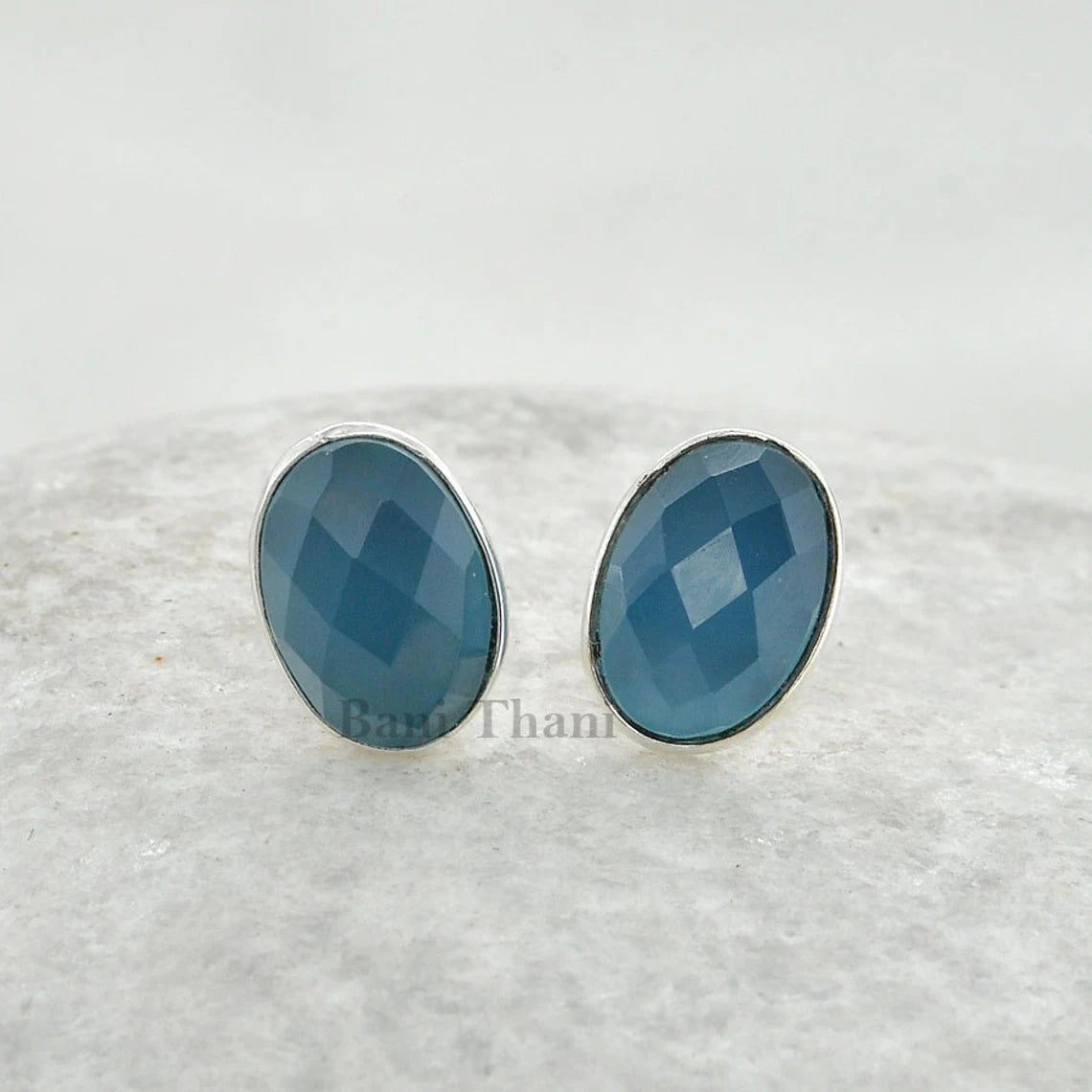 Sterling Silver Stud Earrings, Blue Chalcedony 7x10mm Oval Gemstotne Earrings, Womens Gift Earrings, Anniversary Gift Earring, Boho Earrings