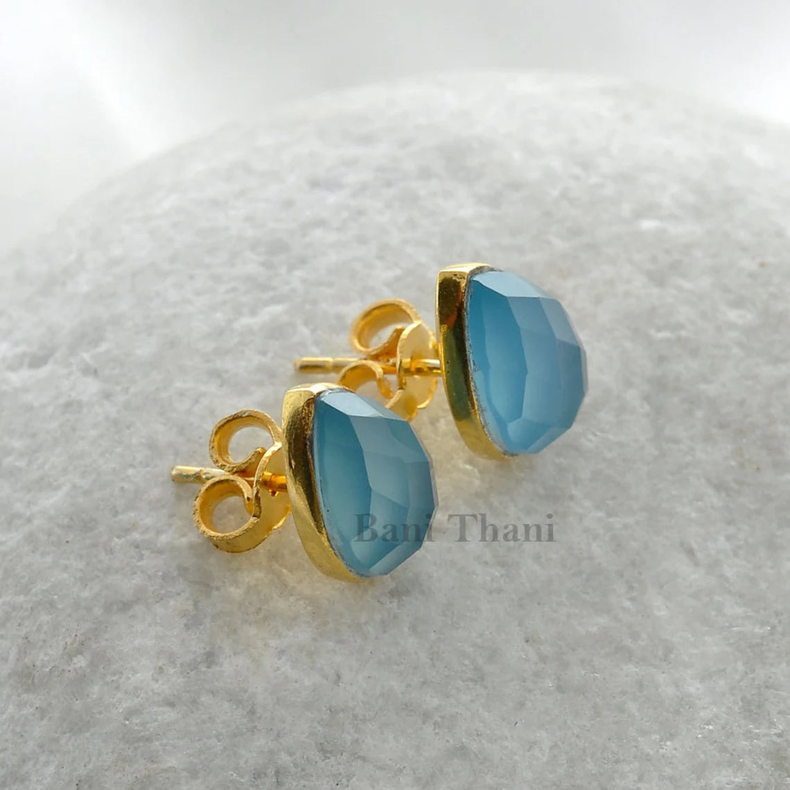 Blue Chalcedony 7x12mm Pear Gemstone Stud Earring-Micron Gold Plated 925 Sterling Silver Earring-Antique Earring-Anniversary Gift Earrings