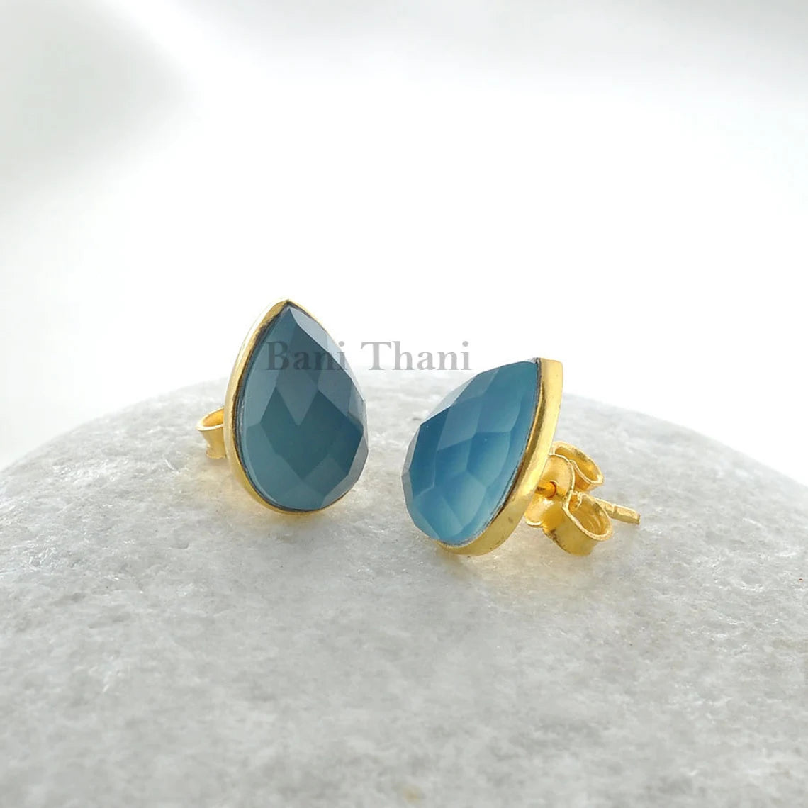 Blue Chalcedony 7x12mm Pear Gemstone Stud Earring-Micron Gold Plated 925 Sterling Silver Earring-Antique Earring-Anniversary Gift Earrings