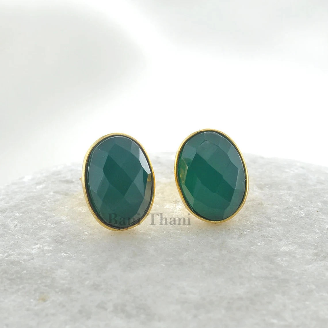 Beautiful Green Onyx 7x10mm Oval Gemstone Stud Earrings-Gold Plated 925 Sterling Silver Earrings-Anniversary Gift For Her-Delicate Earrings