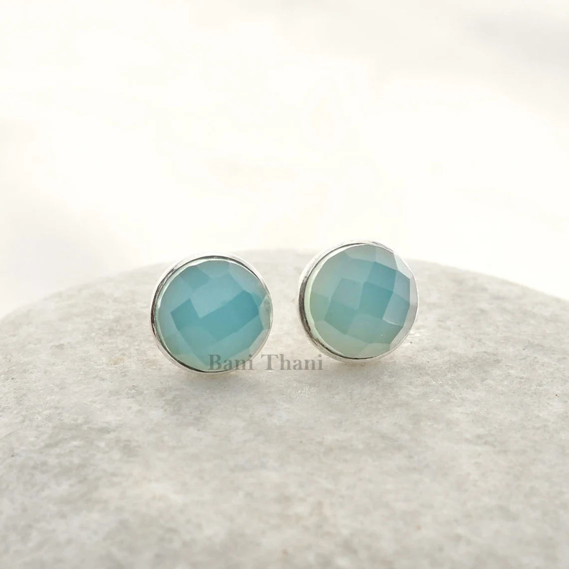 Blue Chalcedony Gemstone Stud Earrings - 925 Sterling Silver Stud Earrings - Christmas Gift Earrings - Personalized Gift For Mom - 9mm Round