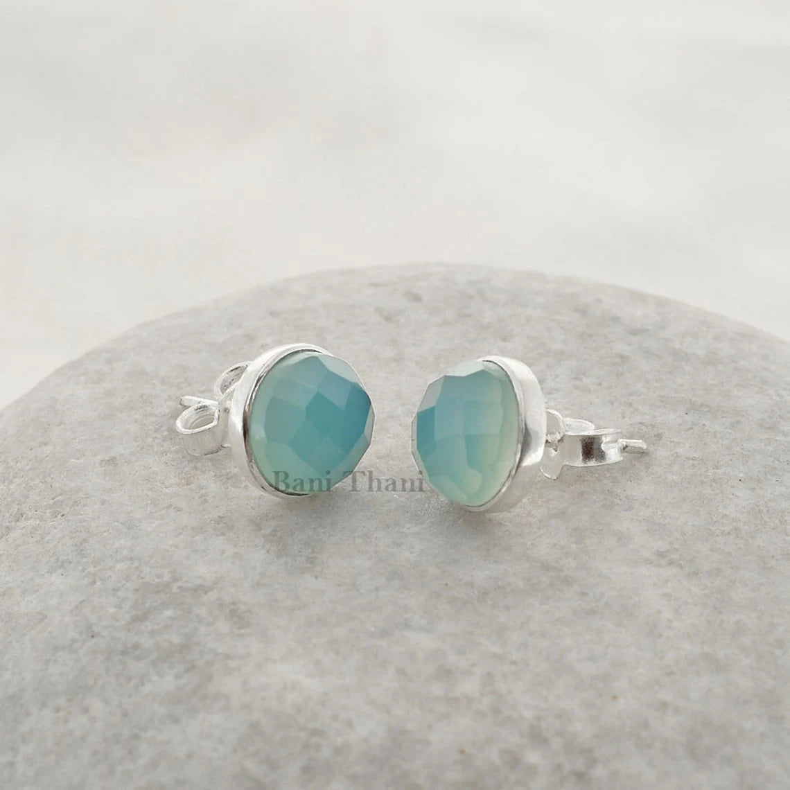 Blue Chalcedony Gemstone Stud Earrings - 925 Sterling Silver Stud Earrings - Christmas Gift Earrings - Personalized Gift For Mom - 9mm Round