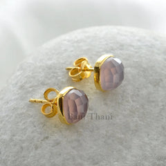 Beautiful Pink Chalcedony Faceted Heart 9mm Micron Gold Plated 925 Sterling Silver Stud Earrings