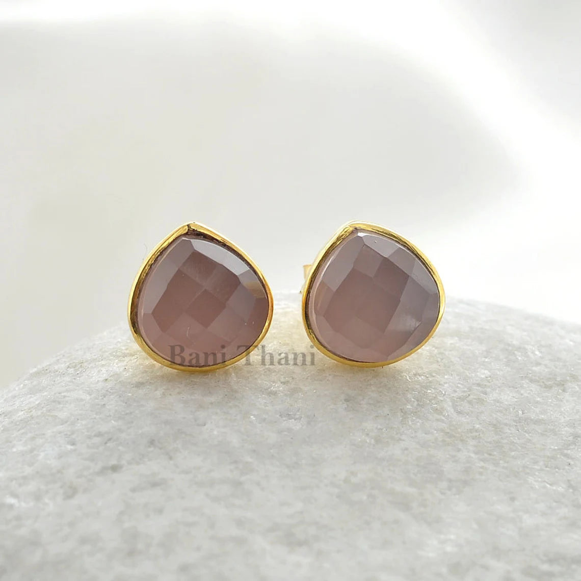 Beautiful Pink Chalcedony Faceted Heart 9mm Micron Gold Plated 925 Sterling Silver Stud Earrings