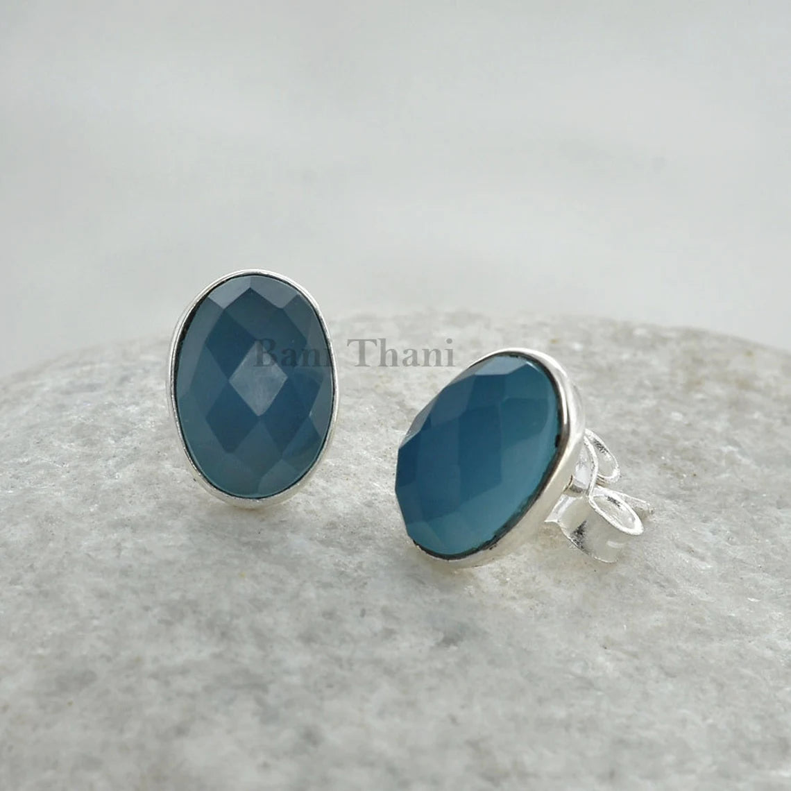 Sterling Silver Stud Earrings, Blue Chalcedony 7x10mm Oval Gemstotne Earrings, Womens Gift Earrings, Anniversary Gift Earring, Boho Earrings