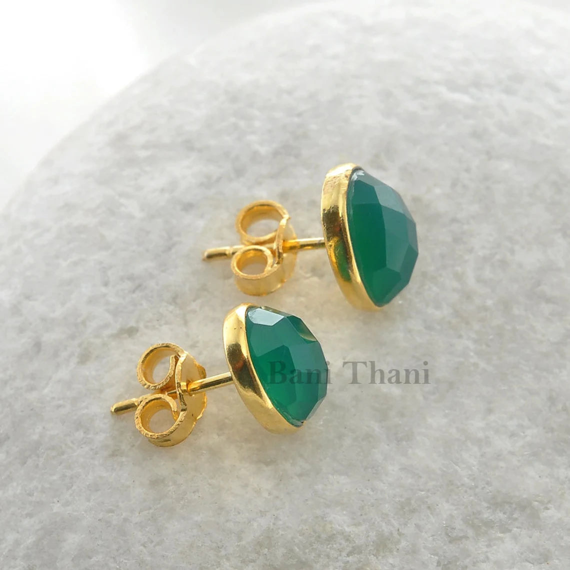 Beautiful Green Onyx 7x10mm Oval Gemstone Stud Earrings-Gold Plated 925 Sterling Silver Earrings-Anniversary Gift For Her-Delicate Earrings