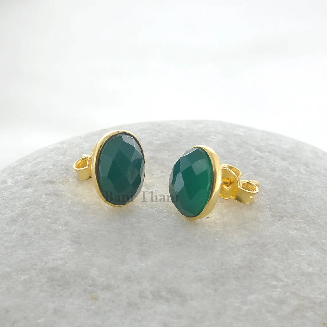 Beautiful Green Onyx 7x10mm Oval Gemstone Stud Earrings-Gold Plated 925 Sterling Silver Earrings-Anniversary Gift For Her-Delicate Earrings