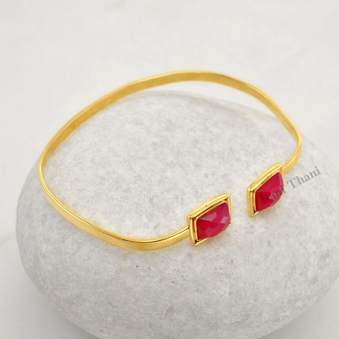 Pink Chalcedony 7x9mm Rectangle Gemstone Cuff Bracelet-Bridal Gift Bangle-Micron Gold Plated Sterling Silver Bangle Bracelet-Halloween Gift