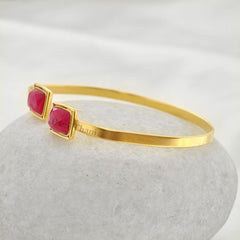 Pink Chalcedony 7x9mm Rectangle Gemstone Cuff Bracelet-Bridal Gift Bangle-Micron Gold Plated Sterling Silver Bangle Bracelet-Halloween Gift