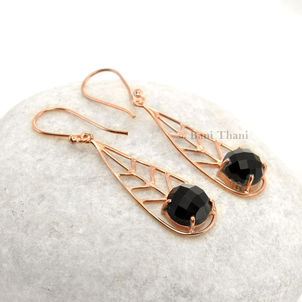 Handmade Designer Black Onyx Round 10mm Micron Rose Gold Plated 925 Sterling Silver Earring Jewelry