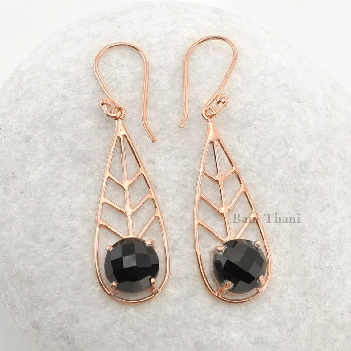 Handmade Designer Black Onyx Round 10mm Micron Rose Gold Plated 925 Sterling Silver Earring Jewelry