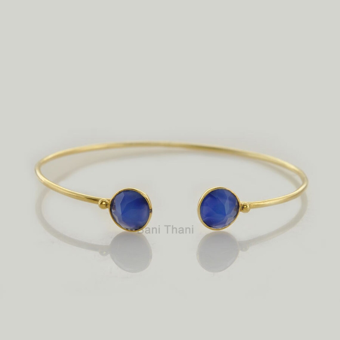 Blue Chalcedony Gemstone Cuff Bangle - Gold Plated 925 Sterling Silver Bracelet - Adjustable Cuff - Christmas Gift Bracelet - Gift for Her