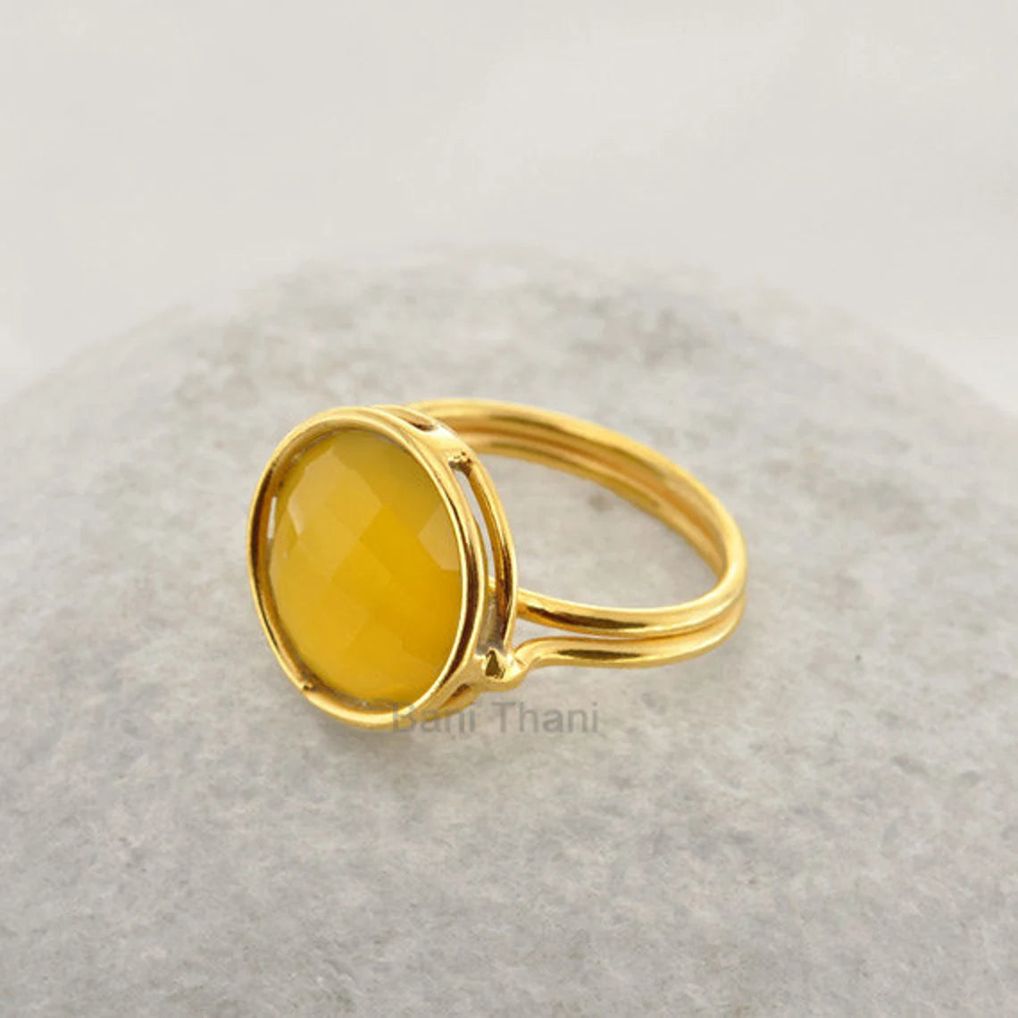Beautiful Yellow Chalcedony 15mm Round Gemstone Ring, 18k Gold Plated Sterling Silver Bezel Ring, Christmas Gift Ring, Anniversary Gift Ring