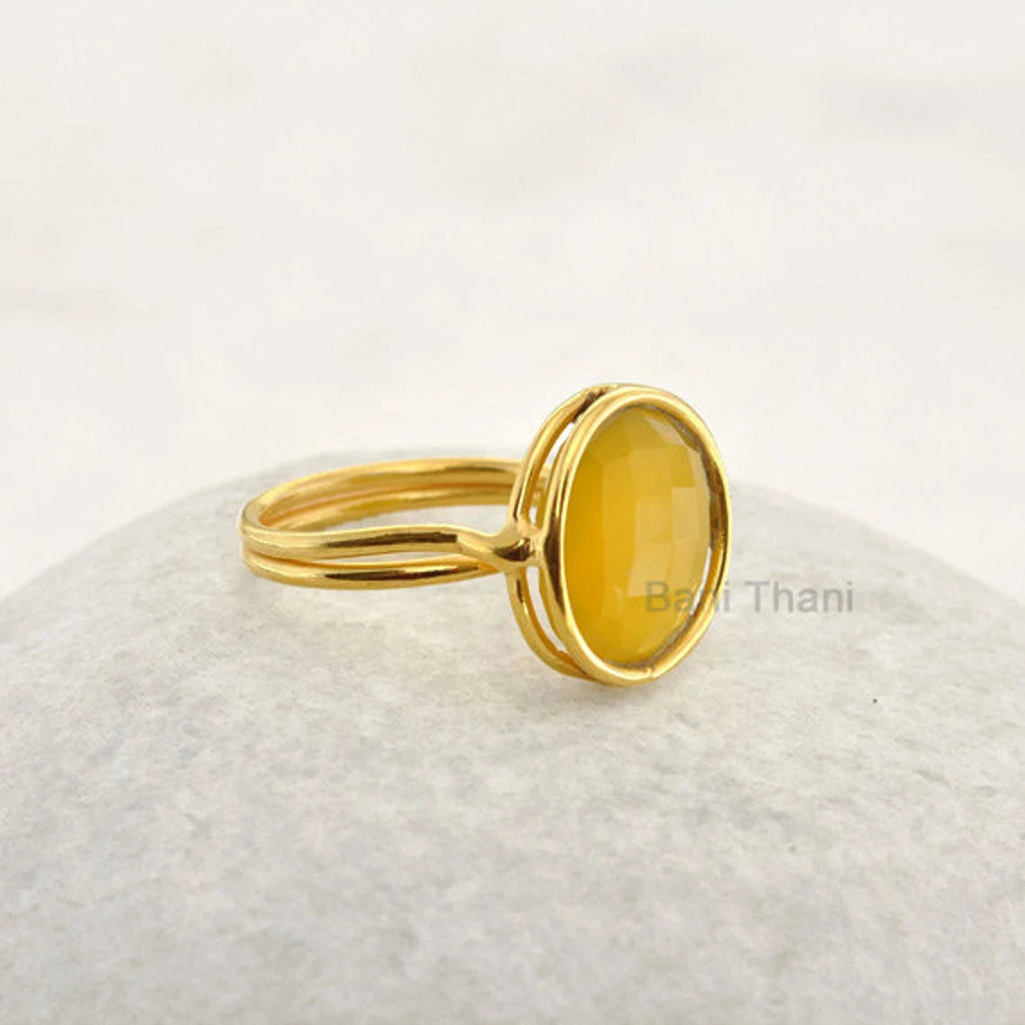 Beautiful Yellow Chalcedony 15mm Round Gemstone Ring, 18k Gold Plated Sterling Silver Bezel Ring, Christmas Gift Ring, Anniversary Gift Ring