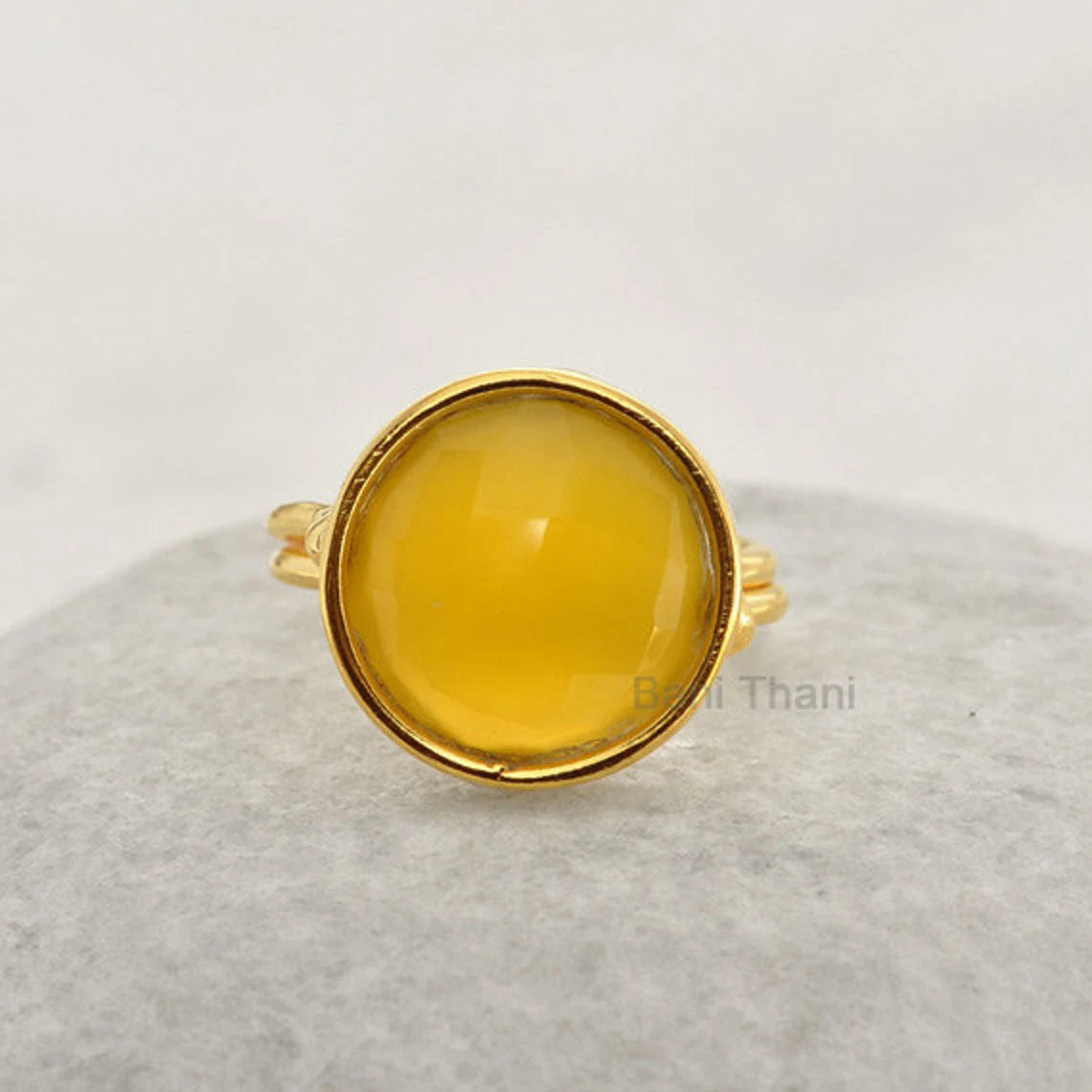 Beautiful Yellow Chalcedony 15mm Round Gemstone Ring, 18k Gold Plated Sterling Silver Bezel Ring, Christmas Gift Ring, Anniversary Gift Ring