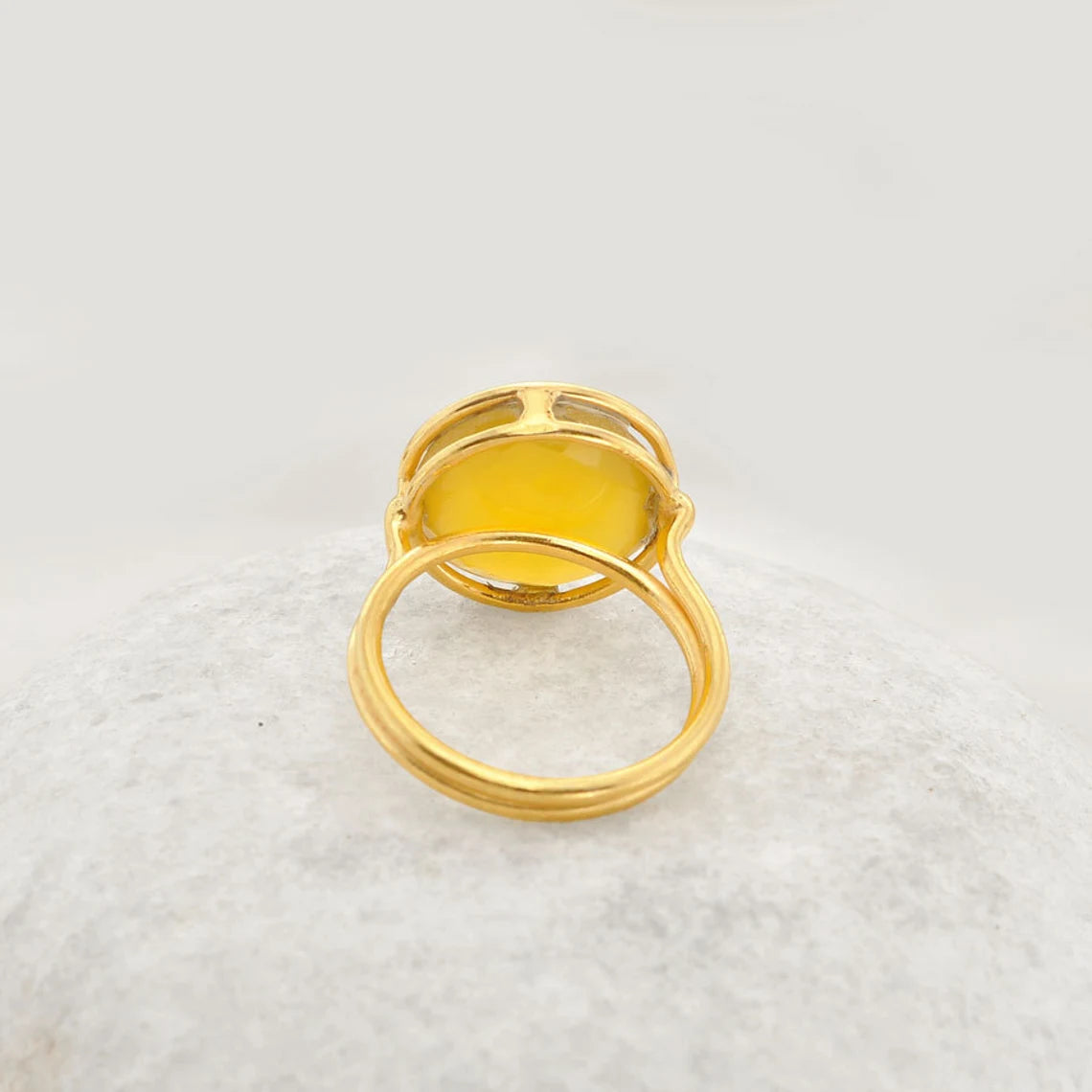 Beautiful Yellow Chalcedony 15mm Round Gemstone Ring, 18k Gold Plated Sterling Silver Bezel Ring, Christmas Gift Ring, Anniversary Gift Ring