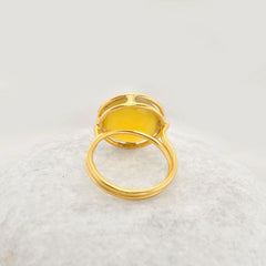 Beautiful Yellow Chalcedony 15mm Round Gemstone Ring, 18k Gold Plated Sterling Silver Bezel Ring, Christmas Gift Ring, Anniversary Gift Ring