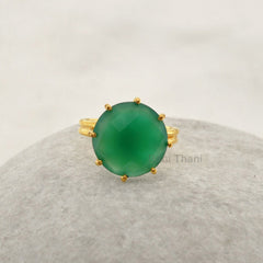 Green Onyx Round Gemstone Ring - 925 Sterling Silver Prong Ring - Gold Plated Handmade Ring - Delicate Ring - Engagement Gift - Gift for Her